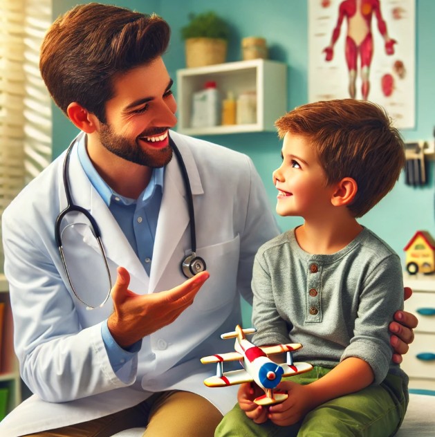 pediatra y un niño de 6 años en una consulta média